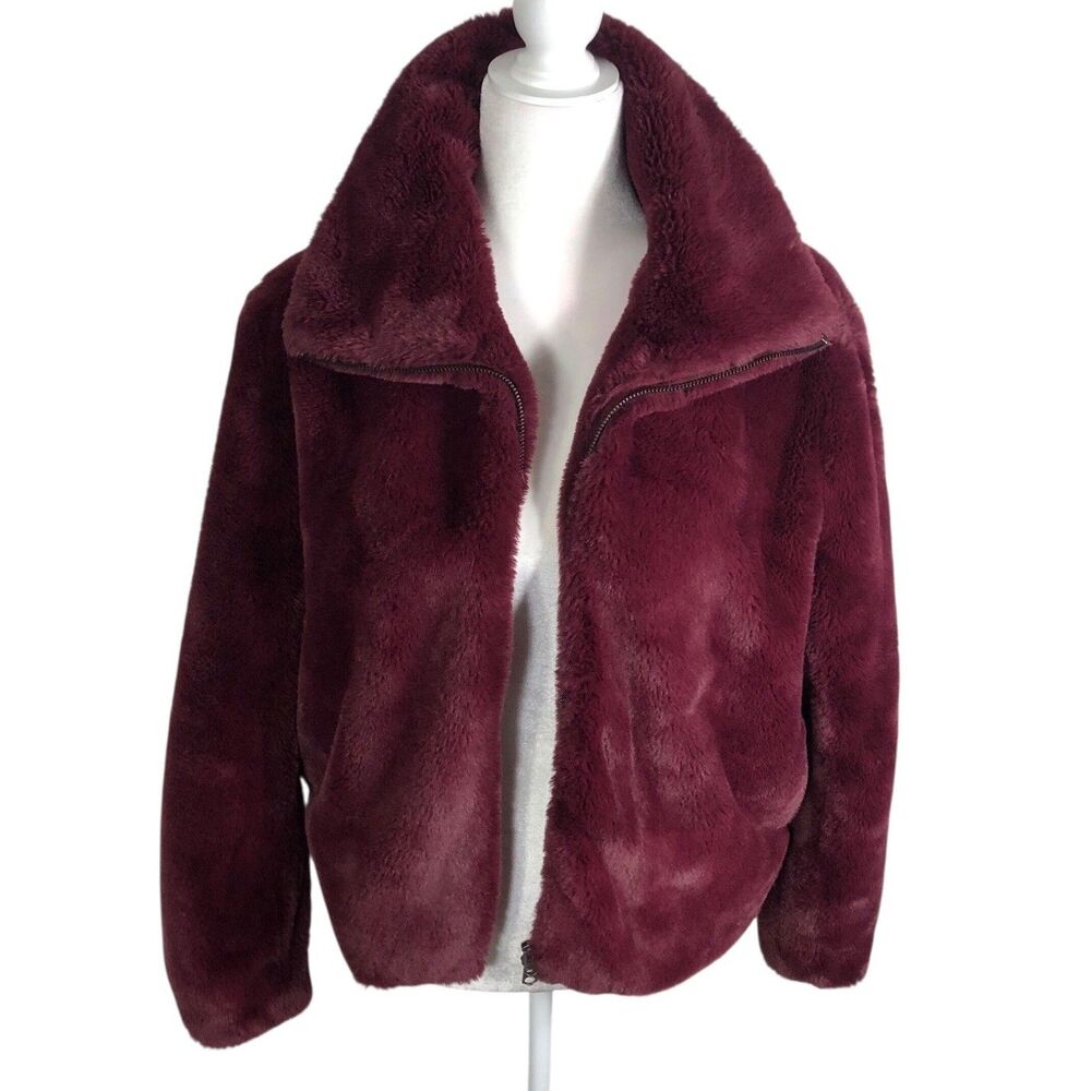 French Connection Small Faux Fur Jacket Full Zip Purple Wine Buona $168